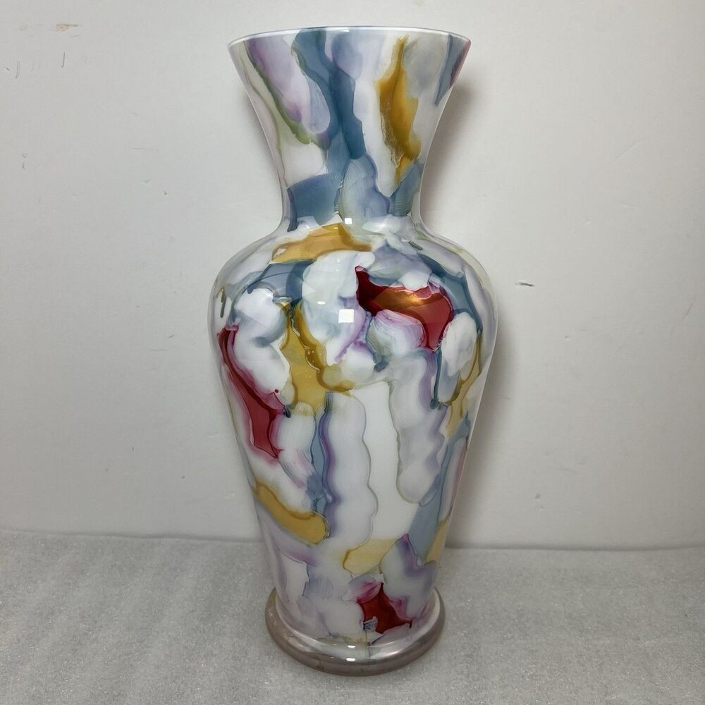 VTG Crane Crest Hand Blown Art Glass Vase Italy Murano Style Splatter MultiColor